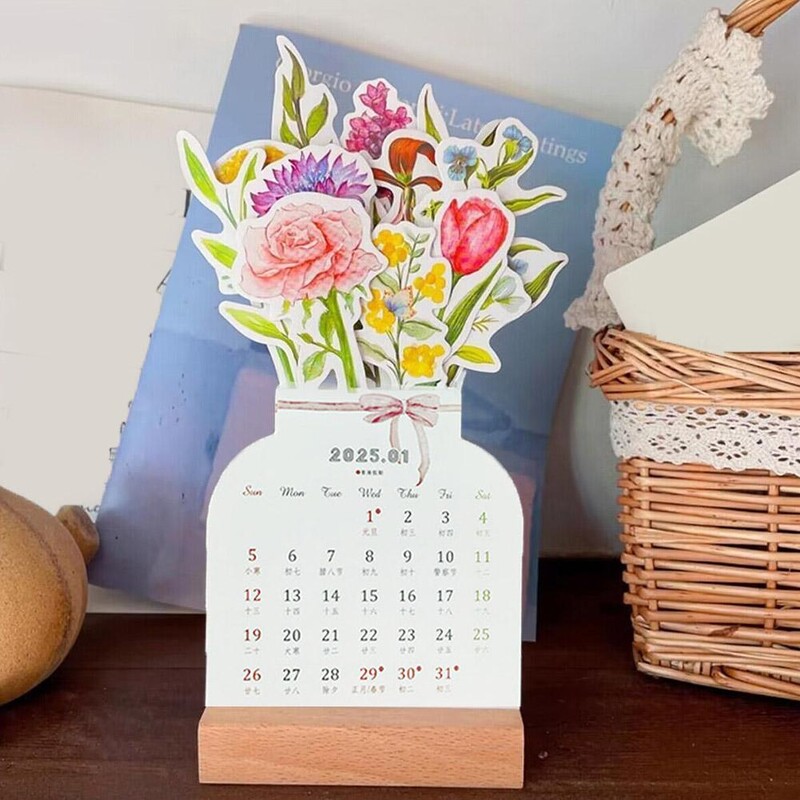 2025 Bloomy Flower Stolni kalendar Kreativni drveni kalendar s karticama Visokokvalitetni stolni kalendar Illustrator Decorate Supplies