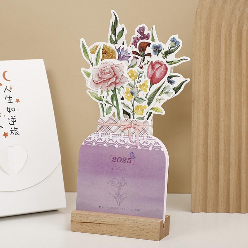 2025 Bloomy Flower Stolni kalendar Kreativni drveni kalendar s karticama Visokokvalitetni stolni kalendar Illustrator Decorate Supplies
