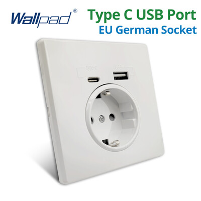 Wallpad Type-C Outlet Бял пластмасов панел Стена ЕС Русия Испания Германски стандартен контакт с USB порт за зареждане 5V 2100mA