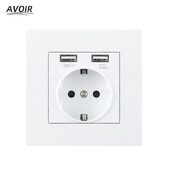 Avoir USB sienas elektrības ligzda Balta, melna pelēka plastmasas stikla paneļa standarta ES izeja ar dubultu USB mājām 16A 110V-250V