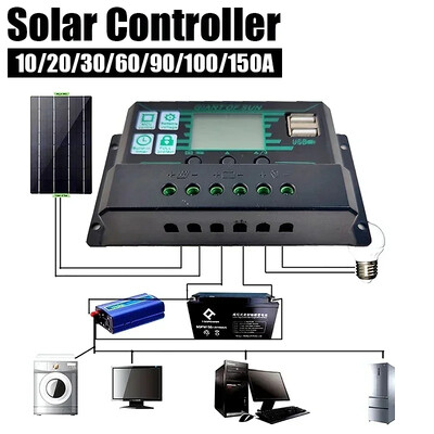 10/20/30/40/50/60/70/80/90/100/150A saules kontrolleris digitālais displejs LCD ekrāns 12V 24V saules paneļi akumulatora uzlādes kontrolieris