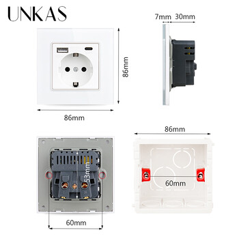 UNKAS Type-C USB σκληρυμένο γυάλινο πάνελ Γκρι EU / Ισπανία / Ρωσία Επιτοίχια πρίζα γειωμένη με πρίζα γρήγορου φορτιστή Save Child