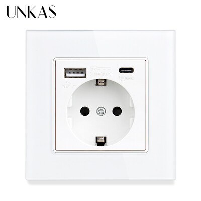 UNKAS Type-C USB rūdīta stikla panelis pelēks ES/Spānija/Krievija Sienas barošanas ligzda, iezemēta ar ātrās lādētāja kontaktligzdu Saglabāt bērnu