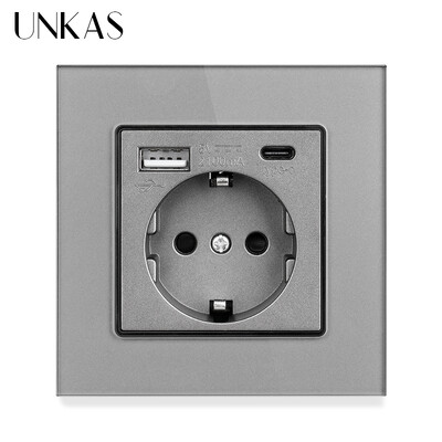 UNKAS Type-C USB rūdīta stikla panelis pelēks ES/Spānija/Krievija Sienas barošanas ligzda, iezemēta ar ātrās lādētāja kontaktligzdu Saglabāt bērnu