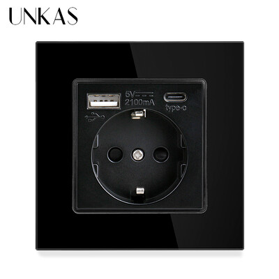 UNKAS Type-C USB rūdīta stikla panelis pelēks ES/Spānija/Krievija Sienas barošanas ligzda, iezemēta ar ātrās lādētāja kontaktligzdu Saglabāt bērnu