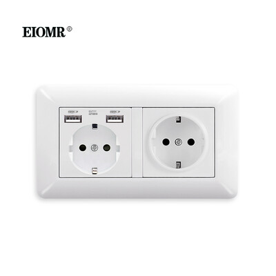 EIOMR EU standarta sienas kontaktligzda Divkārša ligzda Balta pelēka melna liesmu slāpējošs datora panelis 146mm 16A 110V-250V sienas elektrības ligzda