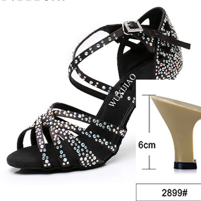 WUXIJIAO Sieviešu ballīšu deju apavi Satīns Mirdzoši rhinestones Mīkstas apakšas Latīņamerikas deju apavi Sieviešu Salsas deju apavi papēdis5CM-10CM