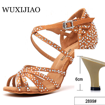 WUXIJIAO Sieviešu ballīšu deju apavi Satīns Mirdzoši rhinestones Mīkstas apakšas Latīņamerikas deju apavi Sieviešu Salsas deju apavi papēdis5CM-10CM
