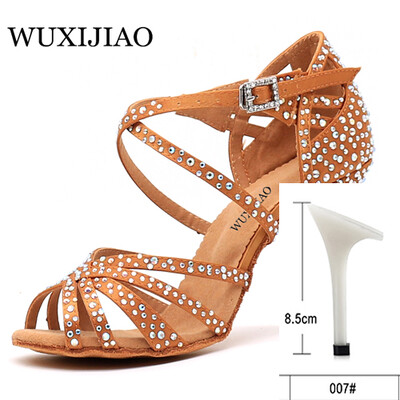 WUXIJIAO Sieviešu ballīšu deju apavi Satīns Mirdzoši rhinestones Mīkstas apakšas Latīņamerikas deju apavi Sieviešu Salsas deju apavi papēdis5CM-10CM