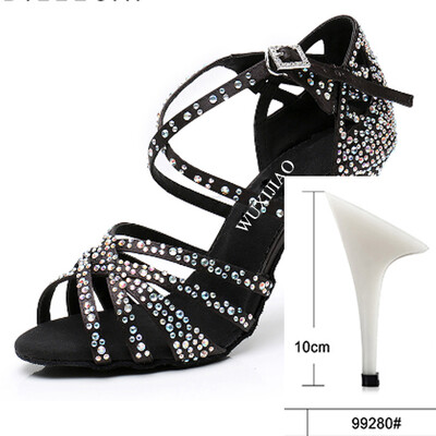 WUXIJIAO Sieviešu ballīšu deju apavi Satīns Mirdzoši rhinestones Mīkstas apakšas Latīņamerikas deju apavi Sieviešu Salsas deju apavi papēdis5CM-10CM