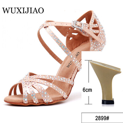 WUXIJIAO Sieviešu ballīšu deju apavi Satīns Mirdzoši rhinestones Mīkstas apakšas Latīņamerikas deju apavi Sieviešu Salsas deju apavi papēdis5CM-10CM