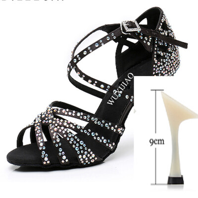 WUXIJIAO Sieviešu ballīšu deju apavi Satīns Mirdzoši rhinestones Mīkstas apakšas Latīņamerikas deju apavi Sieviešu Salsas deju apavi papēdis5CM-10CM