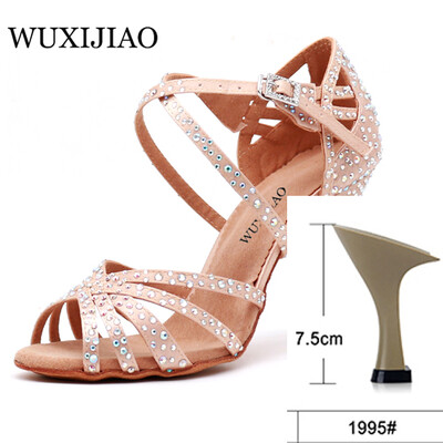 WUXIJIAO Sieviešu ballīšu deju apavi Satīns Mirdzoši rhinestones Mīkstas apakšas Latīņamerikas deju apavi Sieviešu Salsas deju apavi papēdis5CM-10CM