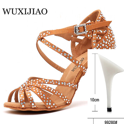 WUXIJIAO Sieviešu ballīšu deju apavi Satīns Mirdzoši rhinestones Mīkstas apakšas Latīņamerikas deju apavi Sieviešu Salsas deju apavi papēdis5CM-10CM