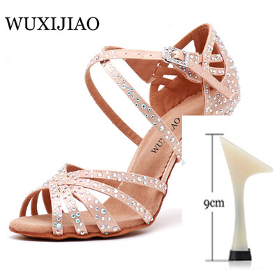 WUXIJIAO Sieviešu ballīšu deju apavi Satīns Mirdzoši rhinestones Mīkstas apakšas Latīņamerikas deju apavi Sieviešu Salsas deju apavi papēdis5CM-10CM