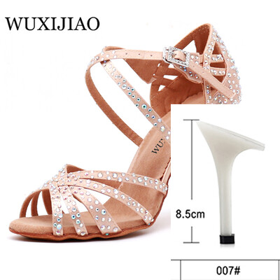 WUXIJIAO Sieviešu ballīšu deju apavi Satīns Mirdzoši rhinestones Mīkstas apakšas Latīņamerikas deju apavi Sieviešu Salsas deju apavi papēdis5CM-10CM