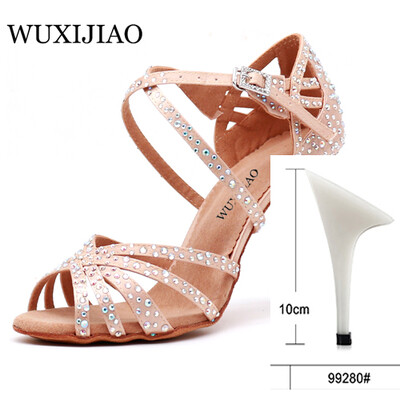 WUXIJIAO Sieviešu ballīšu deju apavi Satīns Mirdzoši rhinestones Mīkstas apakšas Latīņamerikas deju apavi Sieviešu Salsas deju apavi papēdis5CM-10CM