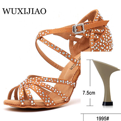 WUXIJIAO Sieviešu ballīšu deju apavi Satīns Mirdzoši rhinestones Mīkstas apakšas Latīņamerikas deju apavi Sieviešu Salsas deju apavi papēdis5CM-10CM