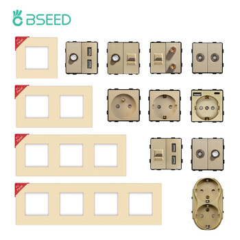 BSEED DIY Modules EU Plastic Panel Gold Διπλή Υποδοχή USB Internet CAT5 RJ45 ST Πρίζα τηλεόρασης Επιτοίχιος Δωρεάν Συνδυασμός