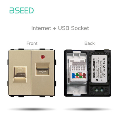 BSEED DIY moduļi ES plastmasas paneļa zelta dubultā USB ligzda Internets CAT5 RJ45 ST televizora barošanas ligzda pie sienas montējama brīva kombinācija