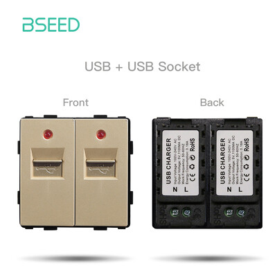 BSEED DIY moduļi ES plastmasas paneļa zelta dubultā USB ligzda Internets CAT5 RJ45 ST televizora barošanas ligzda pie sienas montējama brīva kombinācija
