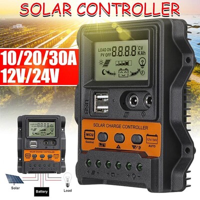 Saules uzlādes kontrolieris PWM kontrolieris ar LCD displeju 10A 20A 30A 12V 24V Dual USB 5V Output Saules paneļa lādētāja regulators