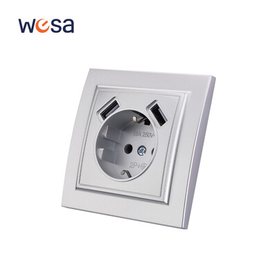 WESA Silvery Dual USB barošanas ligzda 2.1A ES standarta elektrības kontaktligzda Standarta zemējuma kontaktdakša sienas kontaktligzda liesmu slāpējoša plastmasa