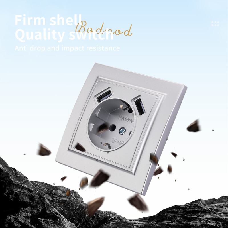 WESA Silvery Dual USB Power Pocket 2.1A EU Standard Electrical Outlett Standard βύσμα γείωσης Πρίζα τοίχου, πλαστική επιβραδυντική φλόγα