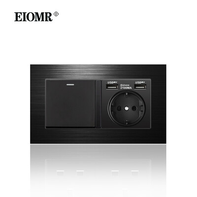 EIOMR 16A ES standarta elektriskās kontaktligzdas slēdža kombinācija 86 mm un 146 mm melna alumīnija matēta paneļa izeja sadzīves tehnikai