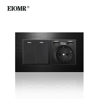 EIOMR 16A ES standarta elektriskās kontaktligzdas slēdža kombinācija 86 mm un 146 mm melna alumīnija matēta paneļa izeja sadzīves tehnikai