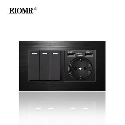 EIOMR 16A ES standarta elektriskās kontaktligzdas slēdža kombinācija 86 mm un 146 mm melna alumīnija matēta paneļa izeja sadzīves tehnikai