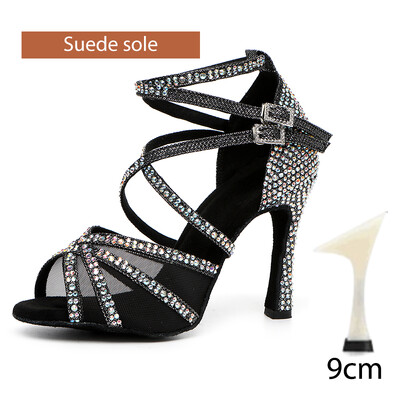 DKZSYIM Rhinestone sieviešu latīņu deju apavi Latin Salsa meiteņu deju apavi melni spīdīgi balles deju apavi meitenēm, dāmām