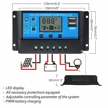 10A 20A 30A PWM Solar Charge Controller 12V/24V Solar Regulator USB 5V Panel Battery Regulator Έξυπνη οθόνη LCD