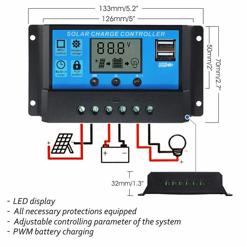 10A 20A 30A PWM solarni regulator punjenja 12V/24V solarni regulator USB 5V panel regulator baterije inteligentni LCD zaslon