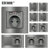 EIOMR France szabványos elektromos aljzat szürke alumínium ötvözet paneles fénykapcsoló Rj45 Tv 220V 16A fali csatlakozóaljzat háztartási gépekhez