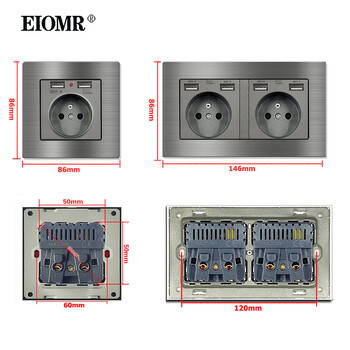 EIOMR Γαλλία Τυπική ηλεκτρική πρίζα Γκρι Διακόπτης φωτός πάνελ από κράμα αλουμινίου Rj45 Tv 220V 16A Πρίζες τοίχου για οικιακή συσκευή