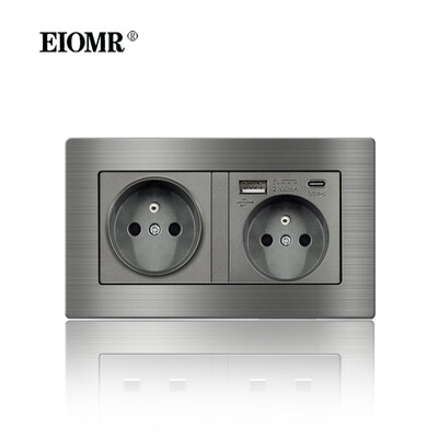 EIOMR France szabványos elektromos aljzat szürke alumínium ötvözet paneles fénykapcsoló Rj45 Tv 220V 16A fali csatlakozóaljzat háztartási gépekhez