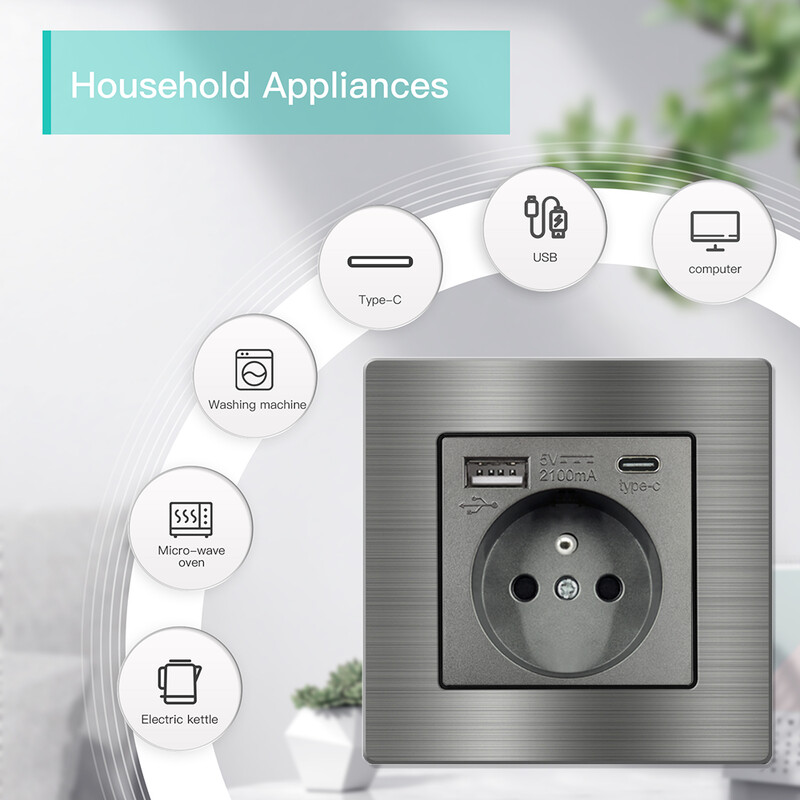 EIOMR France standartinis elektros lizdas pilkas aliuminio lydinio skydo šviesos jungiklis Rj45 TV 220V 16A sieniniai lizdai buitinei technikai