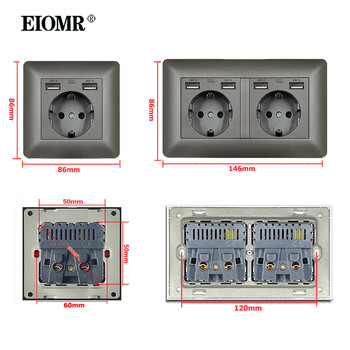 Επιτοίχιες ηλεκτρικές πρίζες EIOMR με διασύνδεση τηλεόρασης USB τύπου C Rj45 με γκρι επιβραδυντικό φλόγας Πλαστικό πάνελ μονή και διπλή υποδοχή