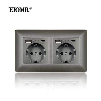 EIOMR sienas elektrības kontaktligzdas ar C tipa USB spraudni TV Rj45 interfeiss pelēks liesmu slāpējošs plastmasas panelis ar vienu un dubultu ligzdu