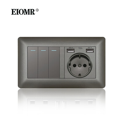 EIOMR sienas elektrības kontaktligzdas ar C tipa USB spraudni TV Rj45 interfeiss pelēks liesmu slāpējošs plastmasas panelis ar vienu un dubultu ligzdu