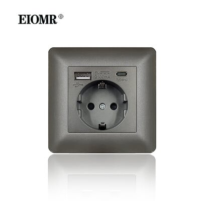 EIOMR sienas elektrības kontaktligzdas ar C tipa USB spraudni TV Rj45 interfeiss pelēks liesmu slāpējošs plastmasas panelis ar vienu un dubultu ligzdu