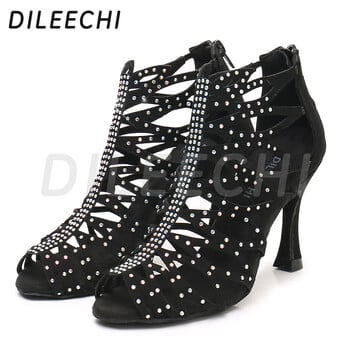 DILEECHI Γυναικεία Παπούτσια χορού για πάρτι Velvet Shining Rhinestones Μαλακή σόλα Latin Dance Παπούτσια Μπρονζέ Μαύρα Salsa Dance Παπούτσια τακούνι 9cm