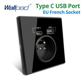 Tapetes melna akrila spoguļa paneļa siena ES franču standarta barošanas ligzda ar USB uzlādes pieslēgvietu Type-C izeja 5V 2100mA