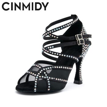 Παπούτσια χορού CINMIDY Satin Party για Γυναικεία Rhinestones Latin Dance Παπούτσια με μαλακό κάτω μέρος Tango Salsa Dance Παπούτσια Μπρονζέ