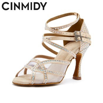 Παπούτσια χορού CINMIDY Satin Party για Γυναικεία Rhinestones Latin Dance Παπούτσια με μαλακό κάτω μέρος Tango Salsa Dance Παπούτσια Μπρονζέ