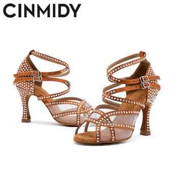 Παπούτσια χορού CINMIDY Satin Party για Γυναικεία Rhinestones Latin Dance Παπούτσια με μαλακό κάτω μέρος Tango Salsa Dance Παπούτσια Μπρονζέ