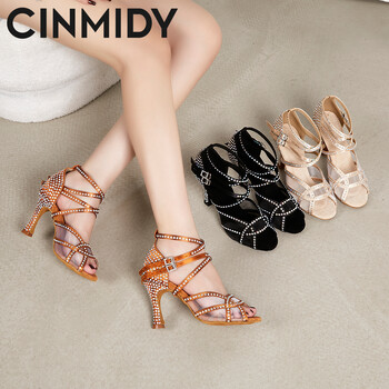 Παπούτσια χορού CINMIDY Satin Party για Γυναικεία Rhinestones Latin Dance Παπούτσια με μαλακό κάτω μέρος Tango Salsa Dance Παπούτσια Μπρονζέ