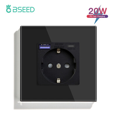 BSEED ES standarta sienas barošanas ligzda USB Type-C uzlādes porta izeja 110-250V stikla panelis 20W ātrās uzlādes elektrības spraudnis