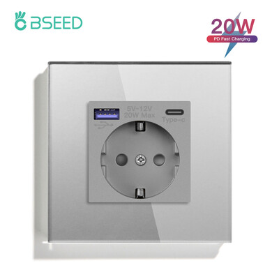 BSEED ES standarta sienas barošanas ligzda USB Type-C uzlādes porta izeja 110-250V stikla panelis 20W ātrās uzlādes elektrības spraudnis